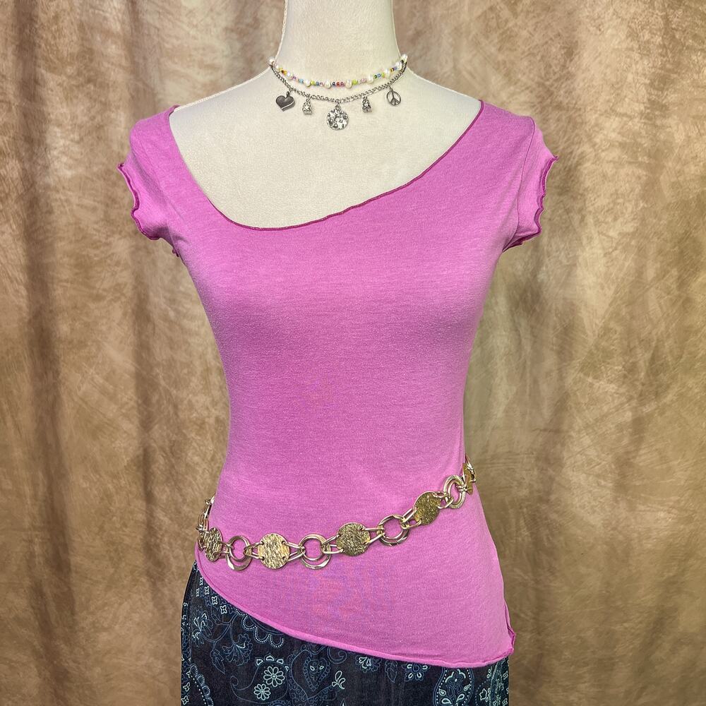 Vintage Y2K Asymmetrical Baby Tee Pink Lettuce Trim Streetwear McBling Y3K Club